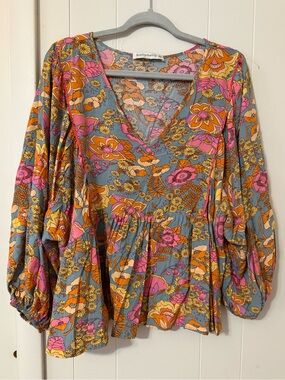 Rusttydustty Floral V-Neck Peplum Tunic - Pink & Orange